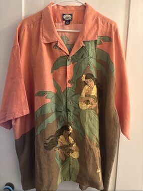 Tommy Bahama Peach and Olive Hawaiian Button-Up with Hula Girl Motif
